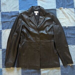 old navy 2000s black leather blazer vtg size M chic classy office siren y2k